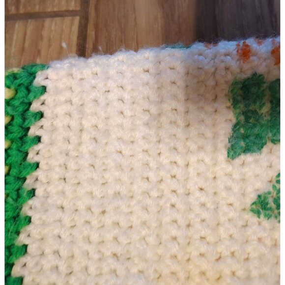 Vtg. Handmade Crochet Blanket, Large, Green Orange Square Painted Flowers Afghan - Picture 3 of 5